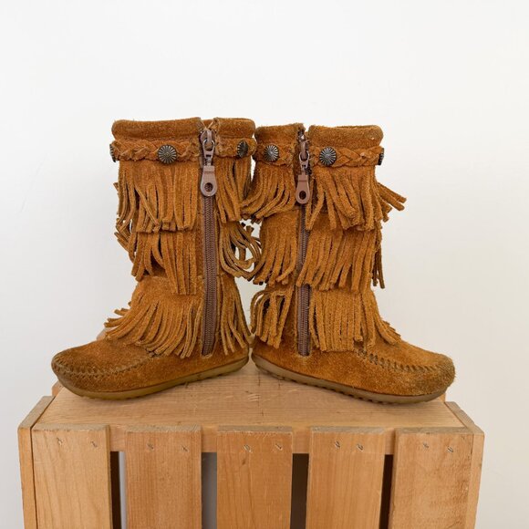 Vintage Minnetonka y2k Tall Tiered Fringed Moccasin Boots Kids Toddler Size 7 - Picture 6 of 8